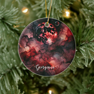 Custom Name Eerie Blood Moon Halloween Alcohol Ink Ceramic Ornament