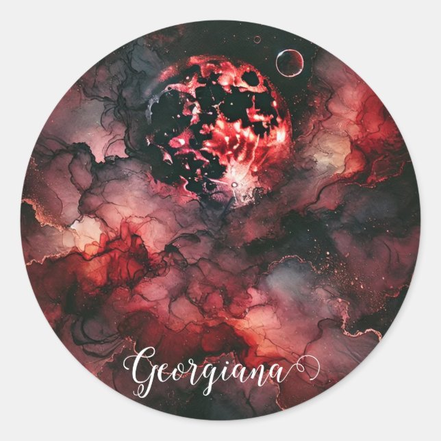 Custom Name Eerie Blood Moon Halloween Alcohol Ink Classic Round Sticker (Front)