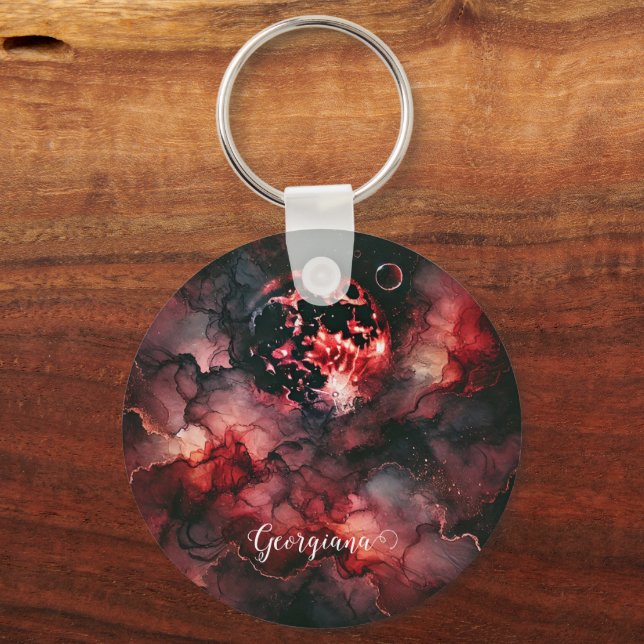 Custom Name Eerie Blood Moon Halloween Alcohol Ink Keychain (Front)