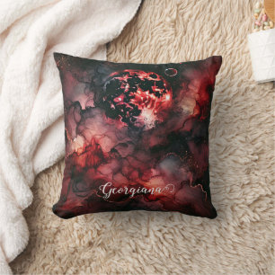 Custom Name Eerie Blood Moon Halloween Alcohol Ink Throw Pillow