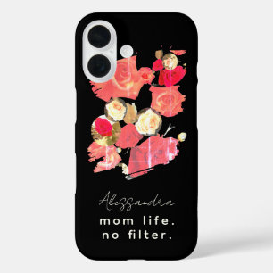Custom Name Elegant Black Red White Floral Mom  iPhone 16 Case