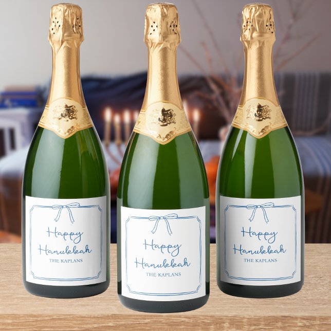 Custom Name Elegant Blue Bow Hanukkah Gift Sparkling Wine Label (Creator Uploaded)