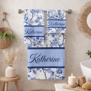 Custom Name Elegant French Vintage Blue Floral  Bath Towel Set