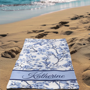 Custom Name Elegant French Vintage Blue Floral  Beach Towel