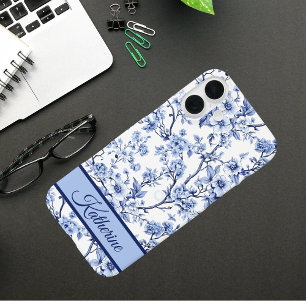 Custom Name Elegant French Vintage Blue Floral  iPhone 16 Plus Case