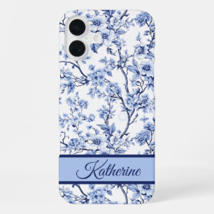 Custom Name Elegant French Vintage Blue Floral  iPhone 16 Plus Case