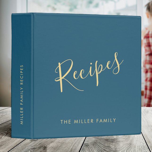 Custom Name Elegant Recipe Blue Gold Modern Script Binder (Creator Uploaded)