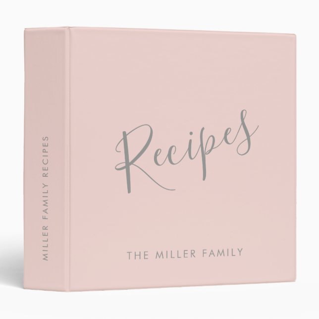 Custom Name Elegant Recipe Modern Script Pink Grey Binder (Front/Spine)