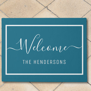 Custom Name Elegant Script Welcome Teal Doormat