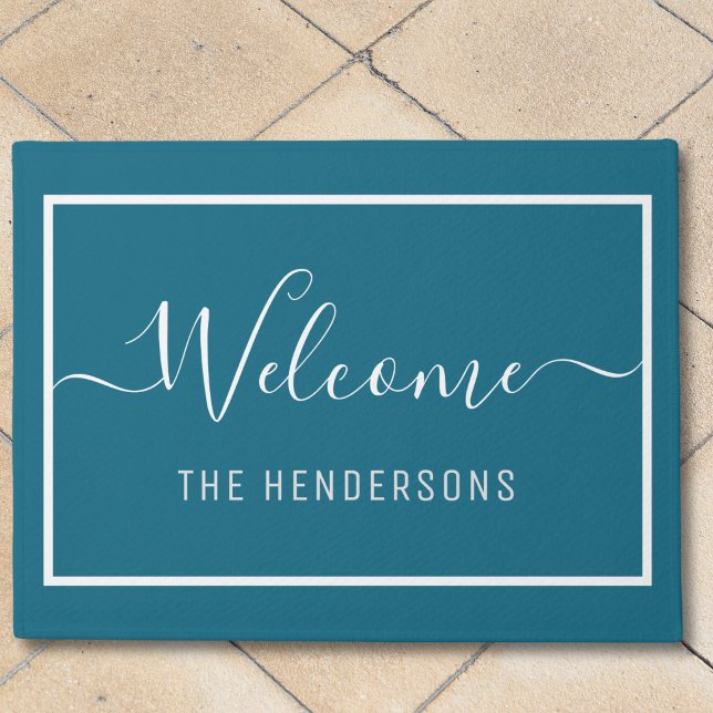 Custom Name Elegant Script Welcome Teal Doormat (Creator Uploaded)
