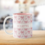 Custom Name Elegant Vintage Floral Blush Pink Bows Two-Tone Coffee Mug<br><div class="desc">Sip pretty! This elegant mug features vintage florals and dainty blush pink bows with your custom name,  perfect for a timeless,  personalized gift or daily tea and coffee.</div>