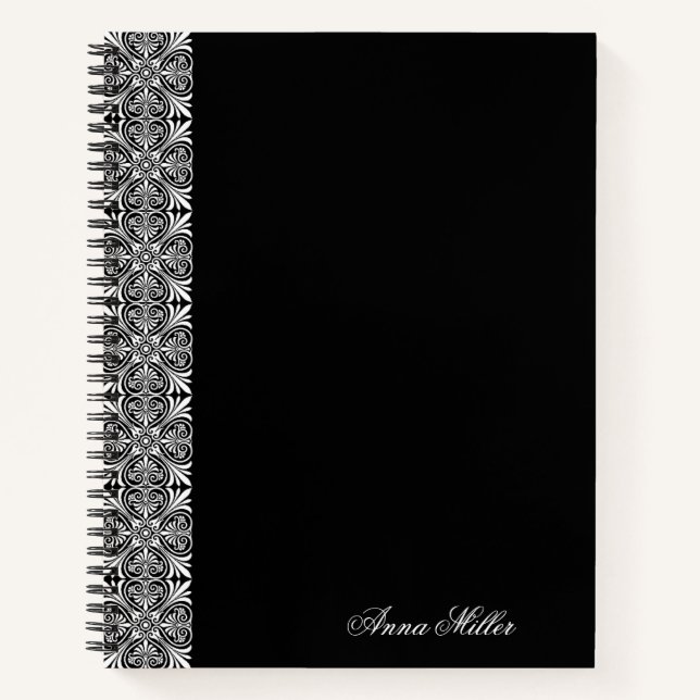Custom name Elegant white tile pattern | black  Notebook (Front)