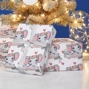 Custom Name Elephant Baby Girl Heart Pattern Wrapping Paper
