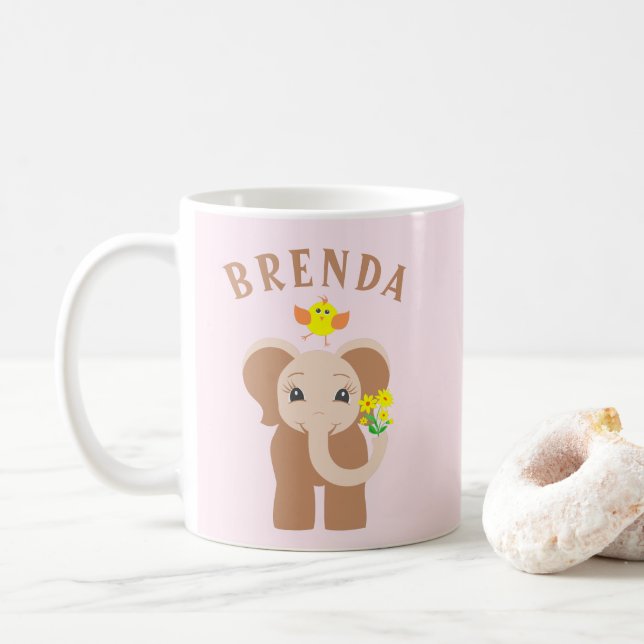 Custom Name Elephant & Bird 11 oz Mug For Kids (With Donut)