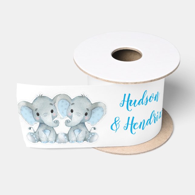 Custom Name Elephant Satin Ribbon Spool Twins Boys (Spool)