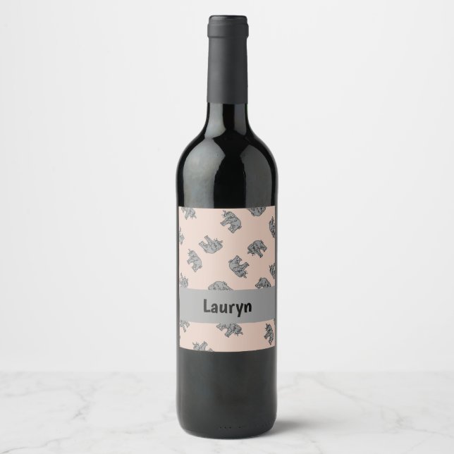 Custom name elephants on brown wine label (Front)