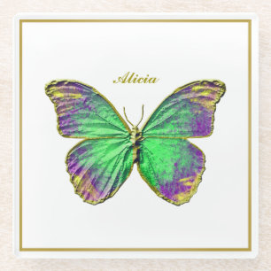 Custom Name Emerald Butterfly Glass Coaster