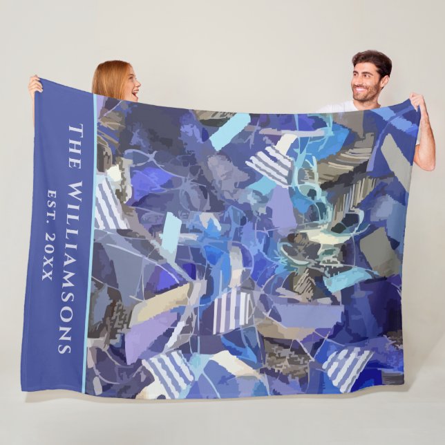 Custom Name Est. Year Blue Purple Abstract Stripes Fleece Blanket (In Situ)