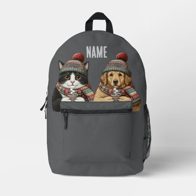 Custom Name Est Year Cat Dog Printed Backpack (Front)