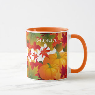 Custom Name Fall Leaves and pumpkins Mug