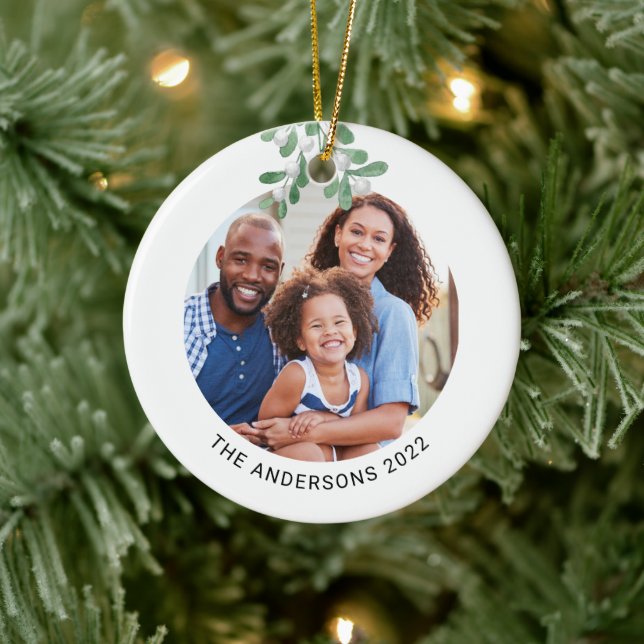 Custom Name Family Photo Mistletoe Ceramic Ornament (Tree)