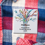 Custom Name Family Reunion Badge 2 Inch Square Button<br><div class="desc">This Family Reunion Name Badge is decorated with a colourful mosaic family tree. Easily customizable with your name. Use the Customize Further option to change the text size, style or colour if you wish. Makes a great souvenir after the event. Because we create our own artwork you won't find this...</div>