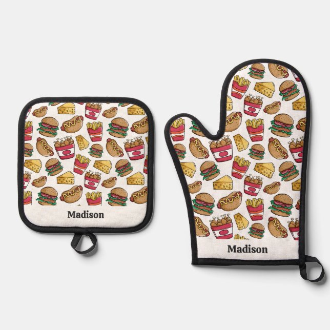Custom Name Fast Food Pattern Oven Mitt & Pot Holder Set (Front)