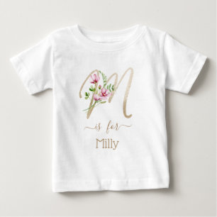 Custom Name Faux Gold Initial Watercolor Flowers Baby T-Shirt