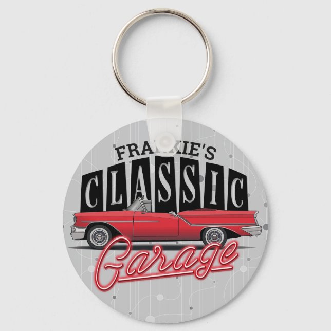 Custom NAME Faux Neon 1950's Classic Car Garage Keychain (Front)