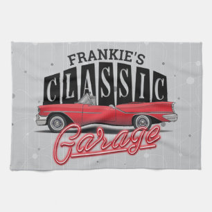 Custom NAME Faux Neon 1950's Classic Car Garage Kitchen Towel