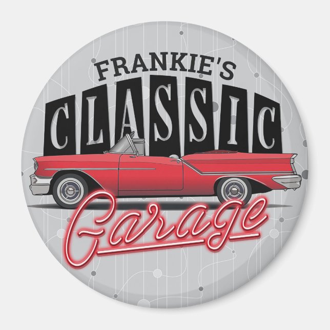 Custom NAME Faux Neon 1950's Classic Car Garage Magnet (Front)