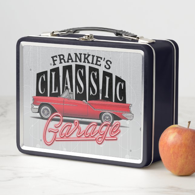 Custom NAME Faux Neon 1950's Classic Car Garage Metal Lunch Box (In Situ)
