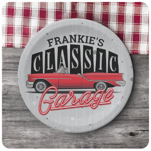 Custom NAME Faux Neon 1950's Classic Car Garage Paper Plate