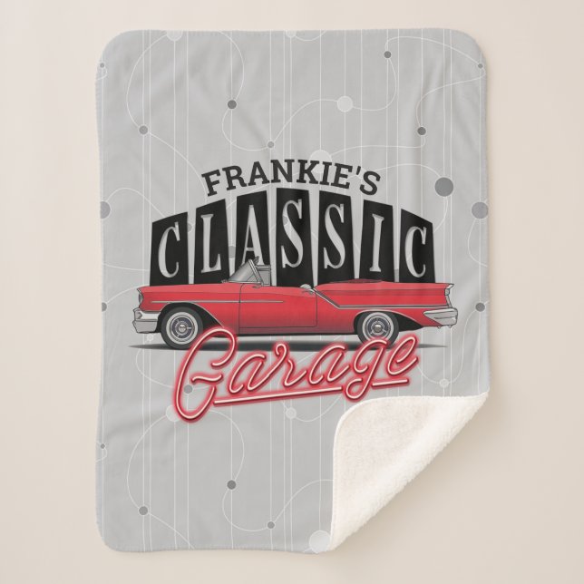 Custom NAME Faux Neon 1950's Classic Car Garage Sherpa Blanket (Front)