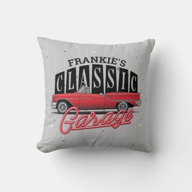 Custom NAME Faux Neon 1950's Classic Car Garage Throw Pillow (Front)