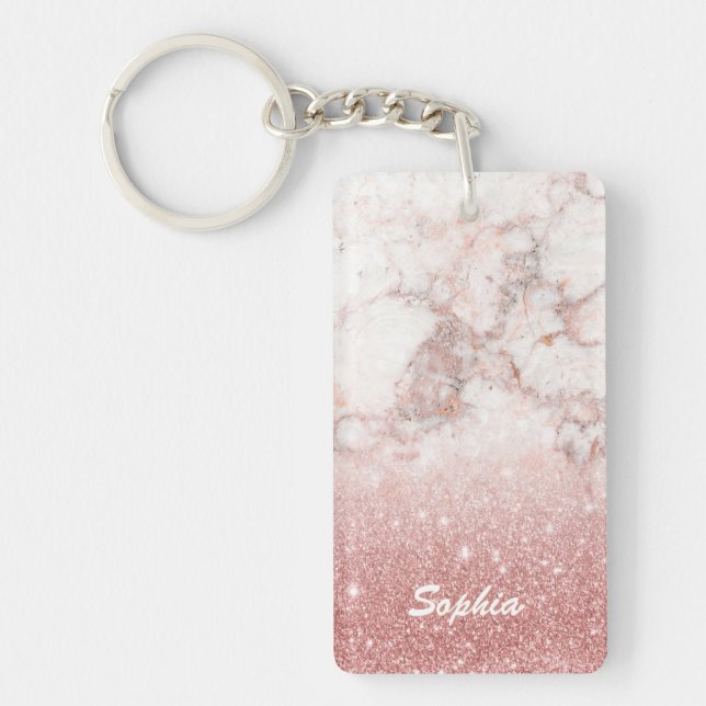 Custom Name Faux Rose Gold Glitter White Marble Keychain (Front)