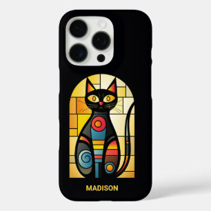 Custom Name Faux Stained Glass Cat iPhone 16 Pro Case