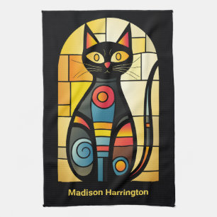 Custom Name Faux Stained Glass Cat Kitchen Towel