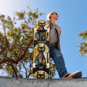 Custom Name Faux Stained Glass Cat Skateboard