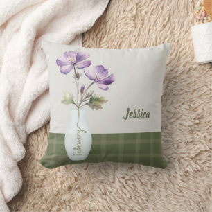 Custom Name February Birth Month Flower Violet Throw Pillow
