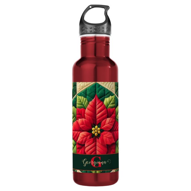 Custom Name Festive Floral Patchwork Poinsettia 710 Ml Water Bottle (Front)