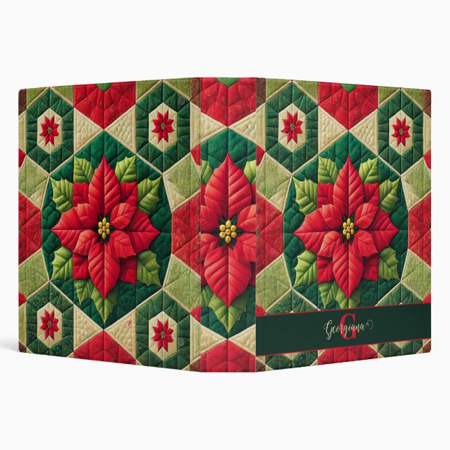 Custom Name Festive Floral Patchwork Poinsettia Binder (Background)