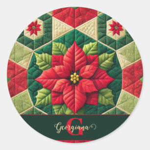Custom Name Festive Floral Patchwork Poinsettia Classic Round Sticker