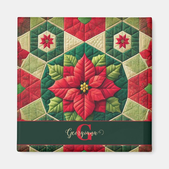Custom Name Festive Floral Patchwork Poinsettia Magnet (Front)