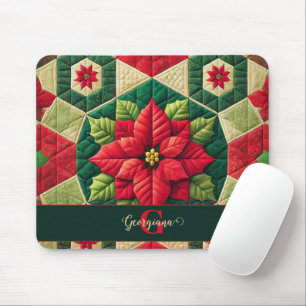 Custom Name Festive Floral Patchwork Poinsettia Mouse Pad
