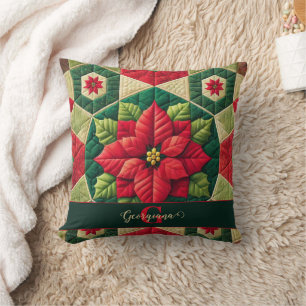 Custom Name Festive Floral Patchwork Poinsettia Throw Pillow