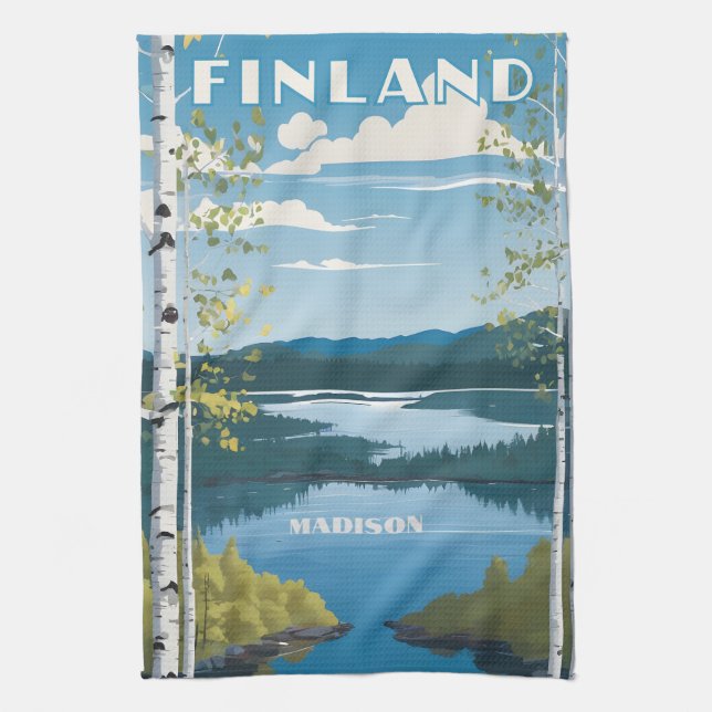 Custom Name Finland Nature Illustration Kitchen Towel (Vertical)