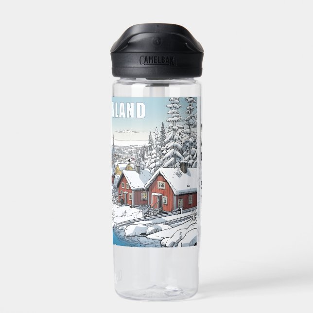 Custom Name Finland Winter Illustration Water Bottle (Back)