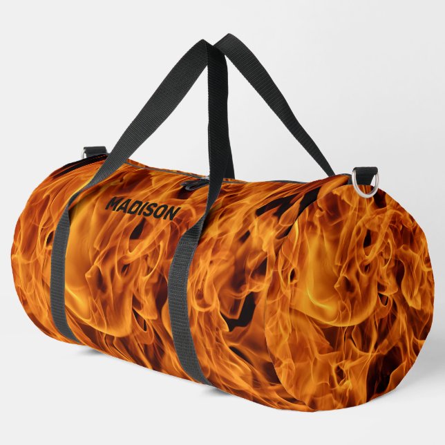 Custom Name Fire Flames Duffle Bag (Left Corner)