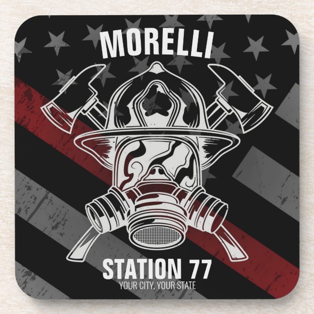 Custom NAME Firefighter Fire Department Station Coaster (Front)